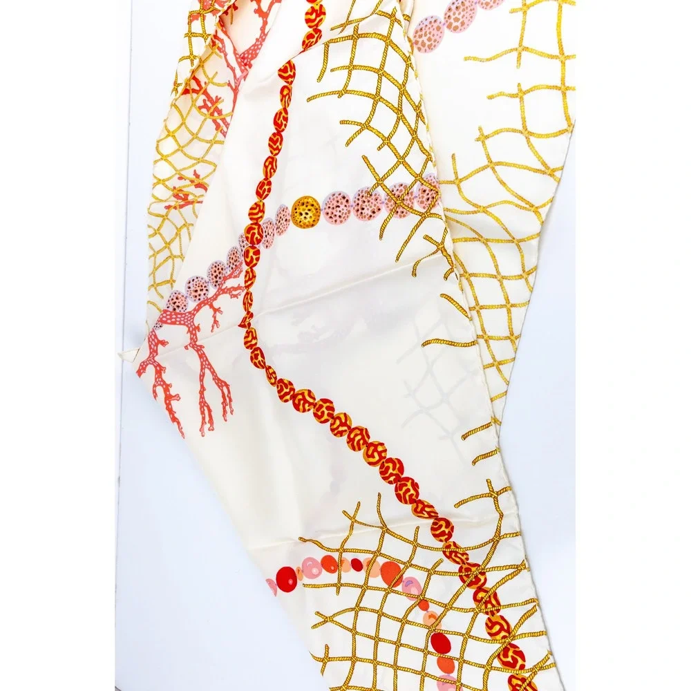 Vintage Angela Cummings Italian Silk Twill Scarf Nautical Coral Net In Box 35x35
